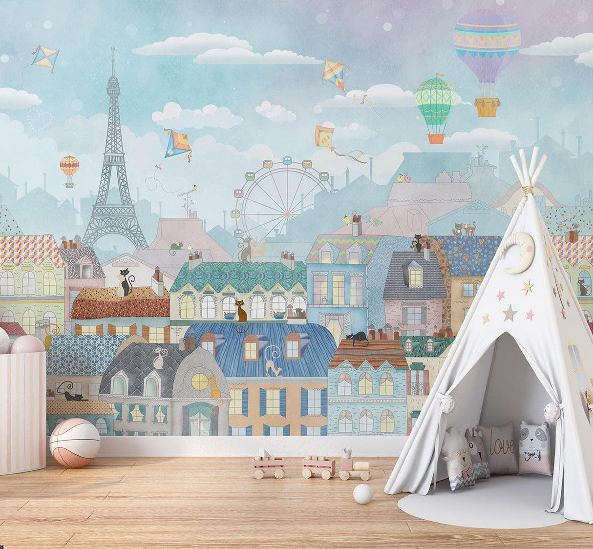 Papier Peint Mural Paris | Paysage Urbain Fantaisiste Avec Montgolfières