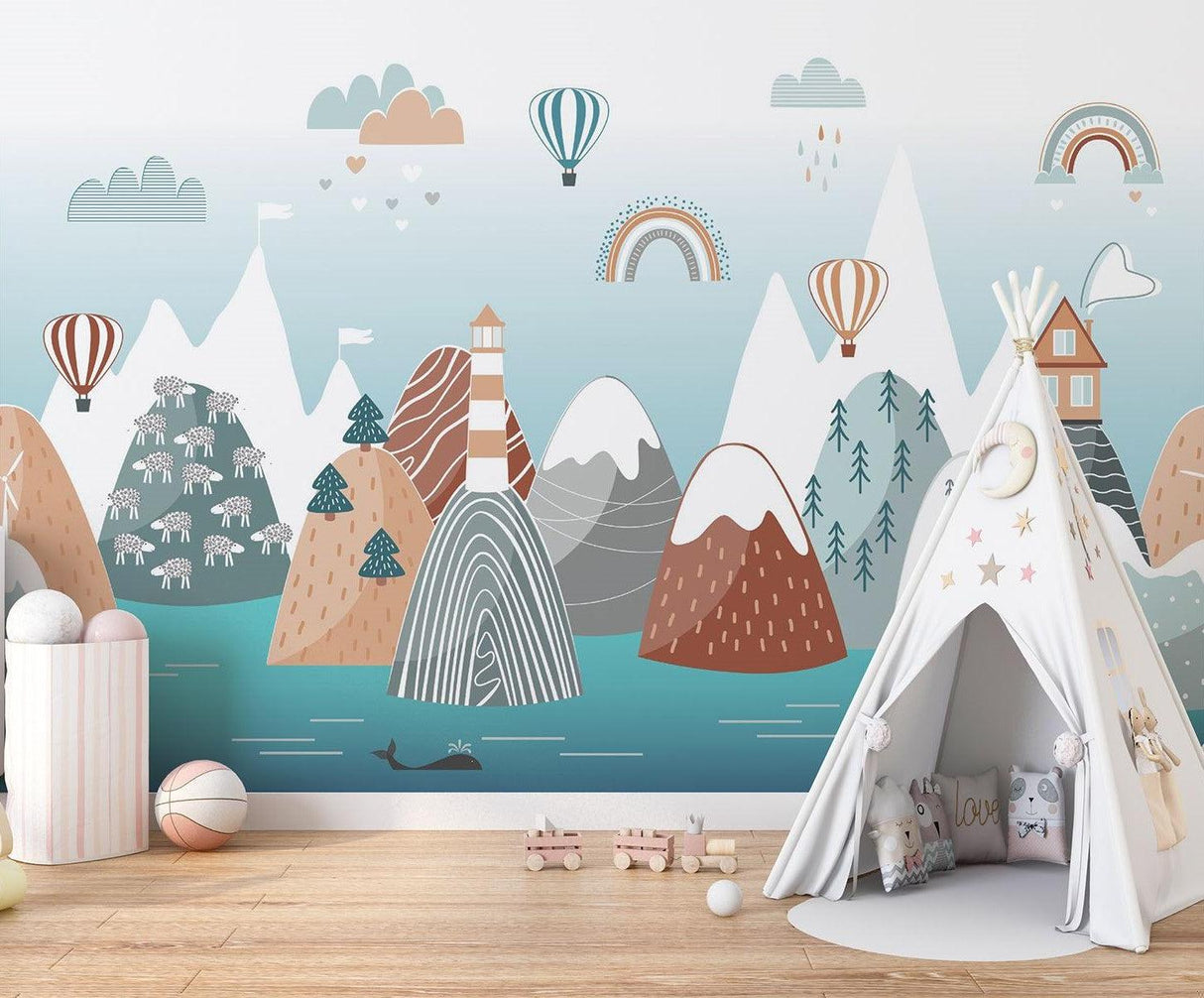 Mountain Mural Wallpaper | Scandinavian Kids Adventure Scene