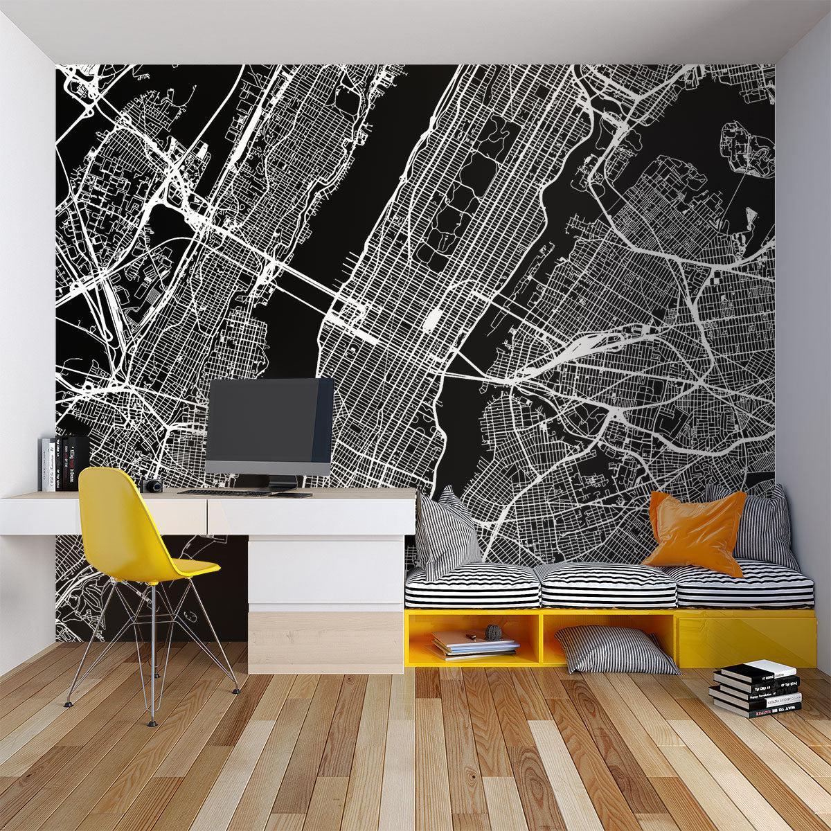 City Map Mural Wallpaper | Modern Black and White Urban Design