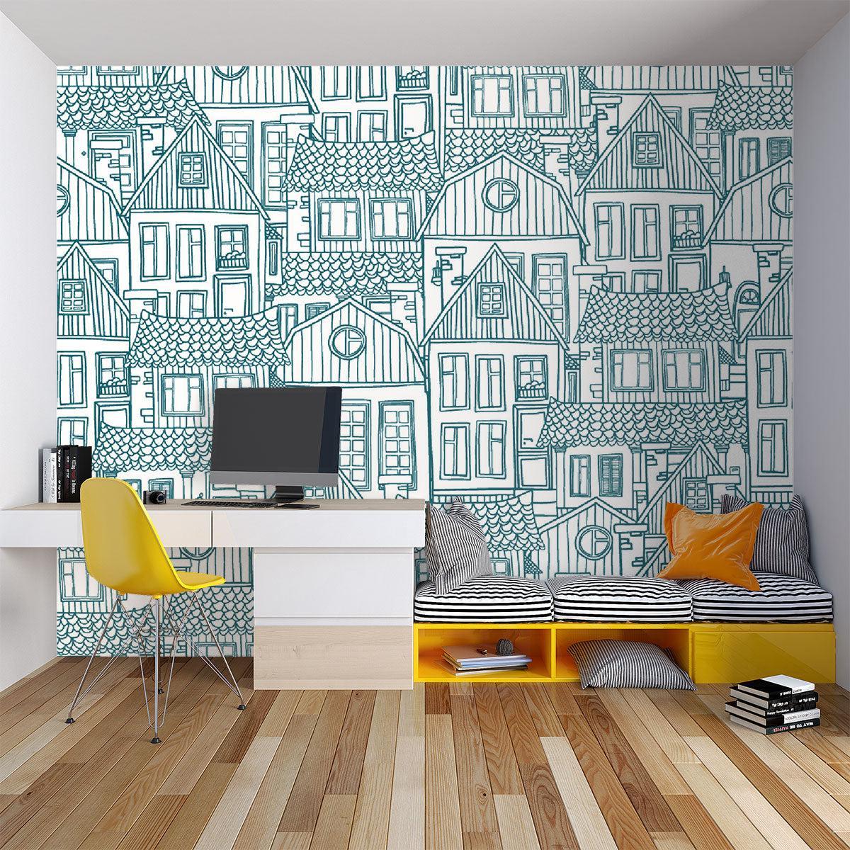 City Line Art Mural Wallpaper | Blue Architectural Sketch Design