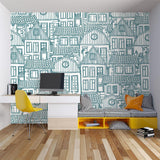 City Line Art Mural Wallpaper | Blue Architectural Sketch Design