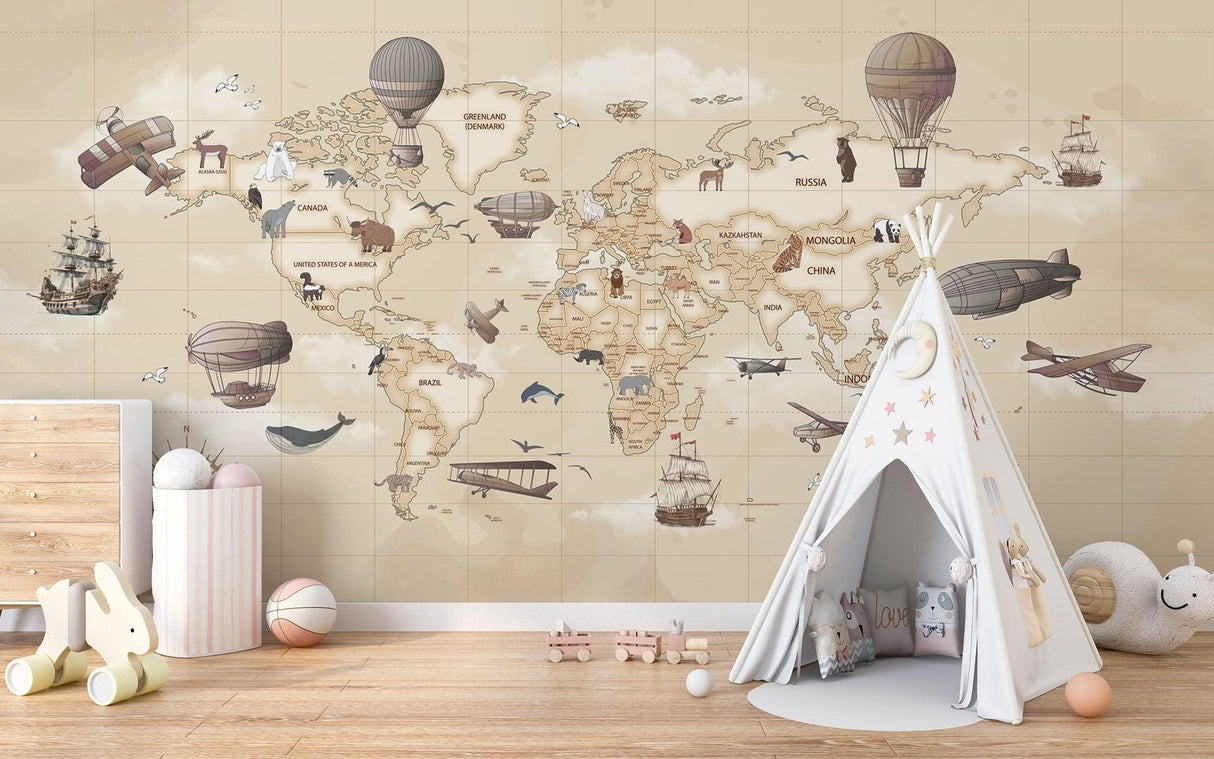 Papier Peint Mural Carte du Monde | Thème Aventure Vintage avec Montgolfières