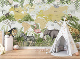 Safari Animals Mural Wallpaper | World Map with Jungle Wildlife