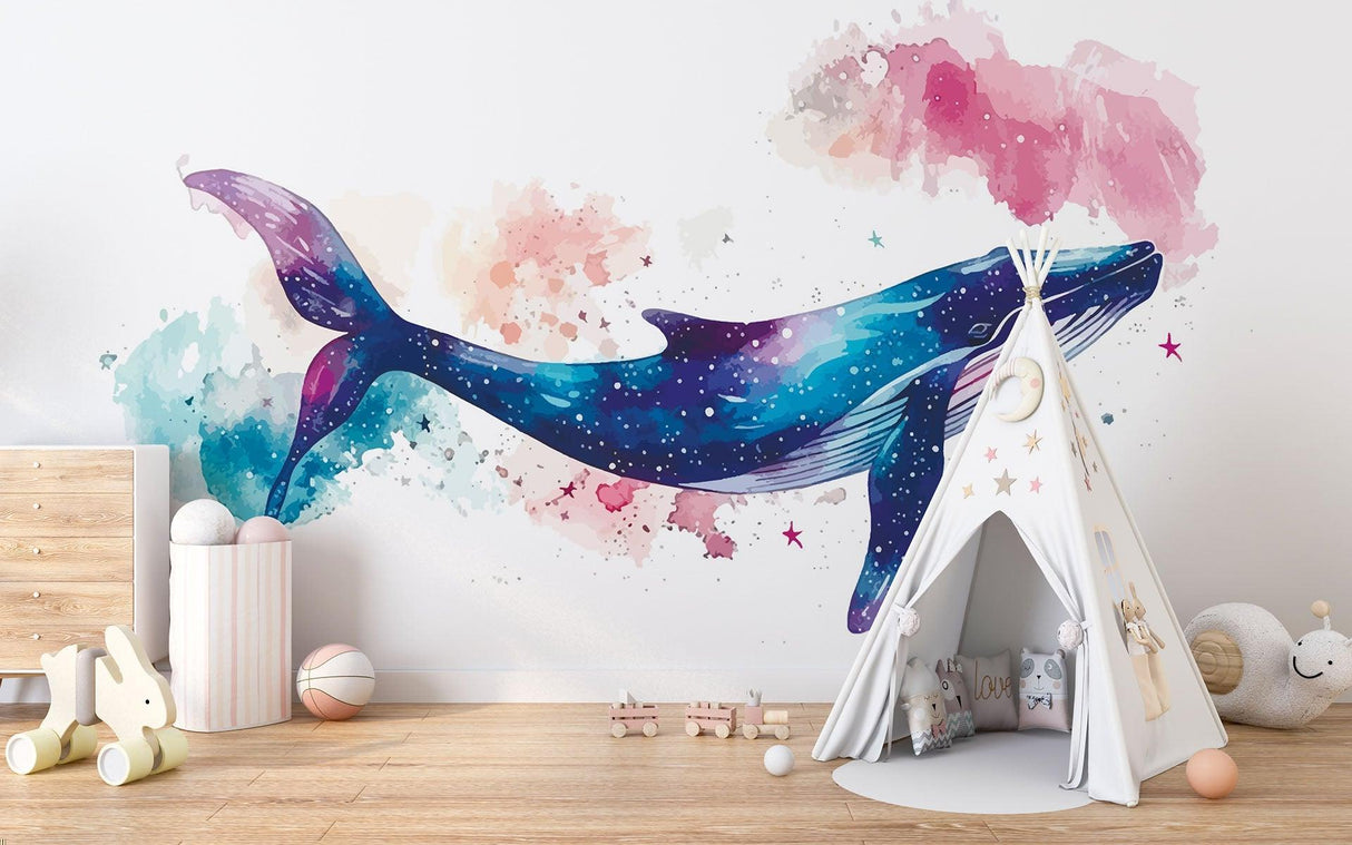 Marine Animals Mural Wallpaper | Cosmic Whale Watercolor Design