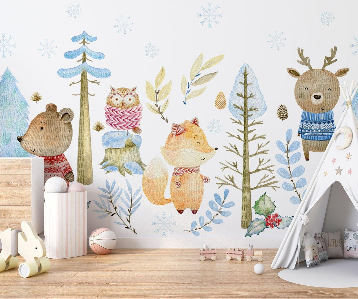 Forest Animals Mural Wallpaper | Winter Woodland with Cozy Sweaters