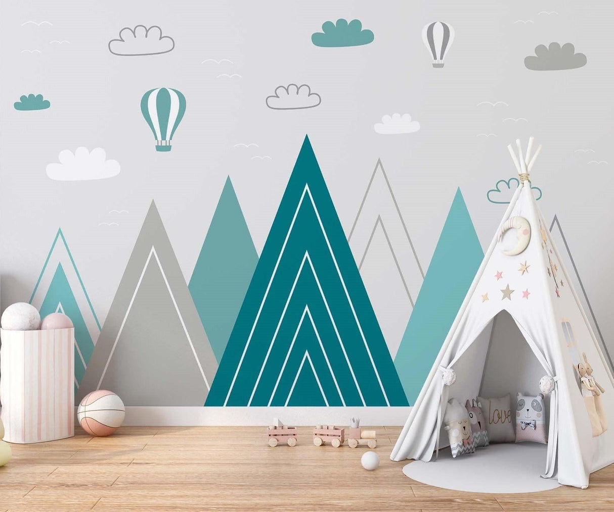 Mountain Mural Wallpaper | Turquoise Peaks with Hot Air Balloons