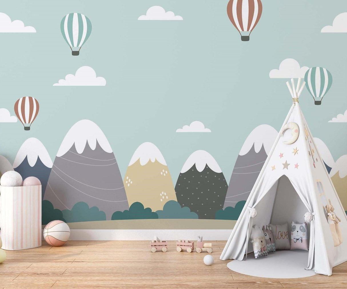 Mountain Mural Wallpaper | Hot Air Balloons and Snowy Peaks