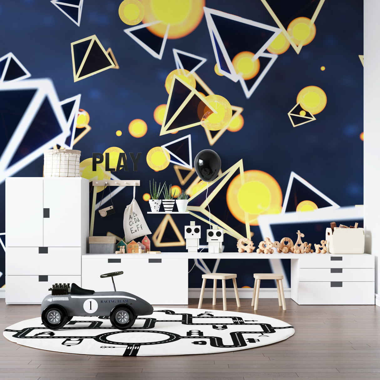 Geometric Mural Wallpaper | Modern Blue and Gold Abstract Design
