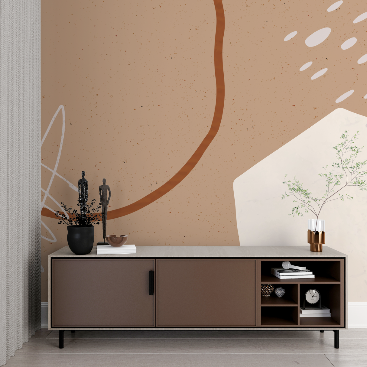 Abstract Mural Wallpaper | Terracotta Curves and Circles Design