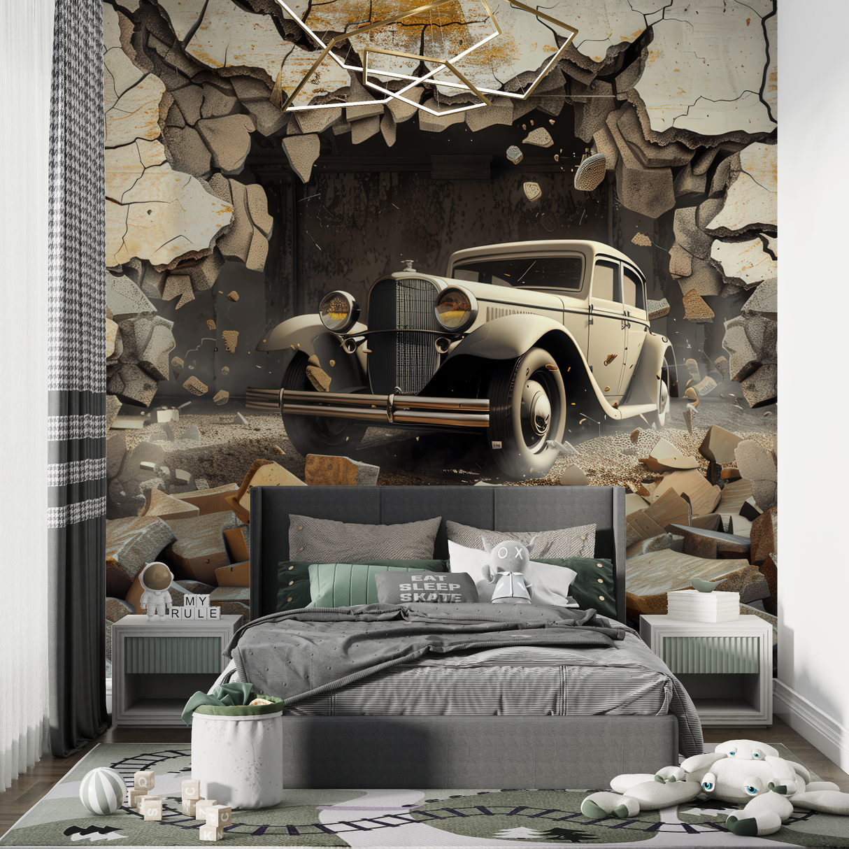 3D Car Mural Wallpaper | Vintage Automobile Breaking Through Wall