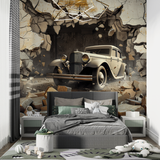 3D Car Mural Wallpaper | Vintage Automobile Breaking Through Wall