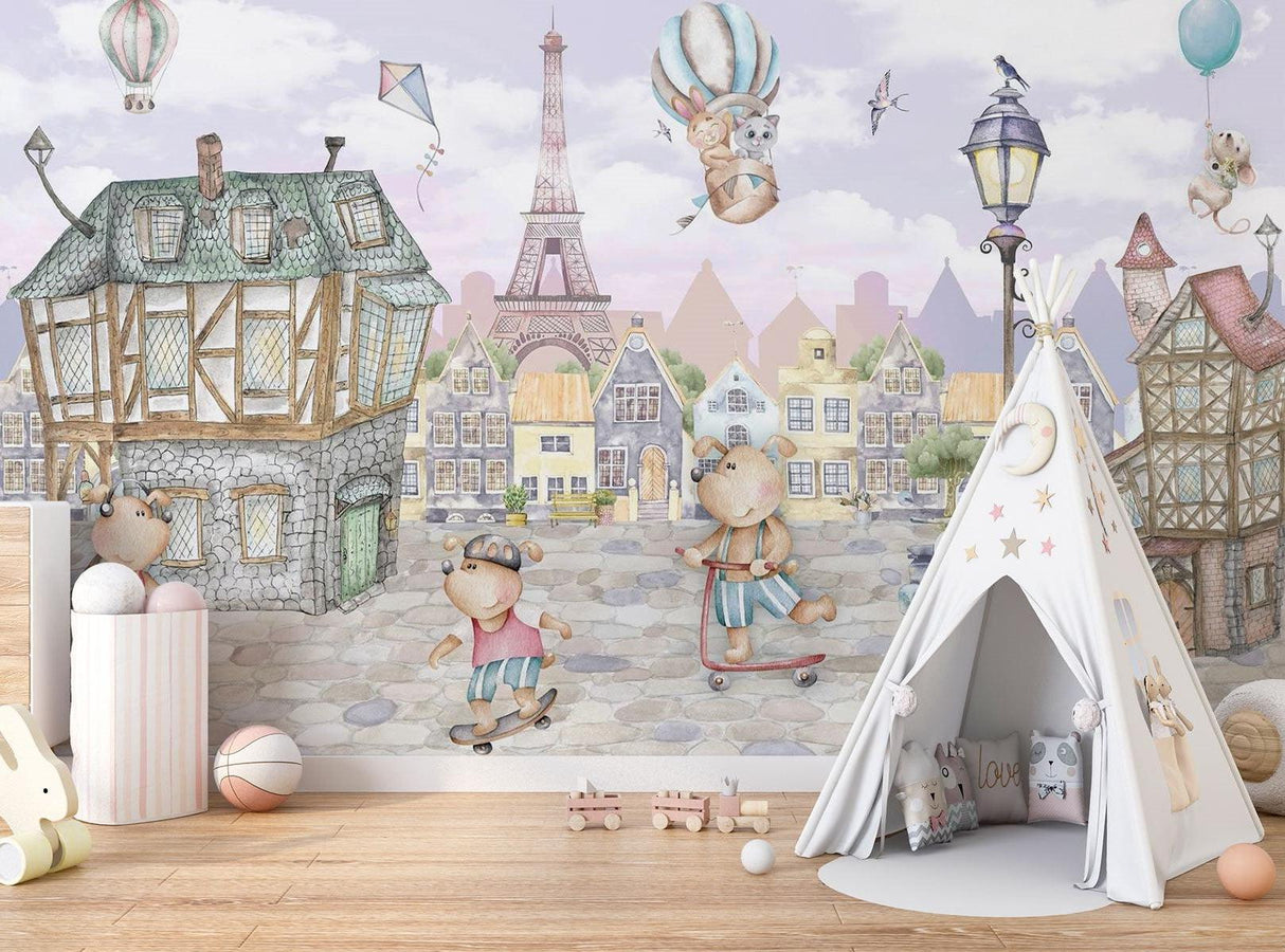 Paris Kinder Tapete | Verspielte Teddybären Abenteuer