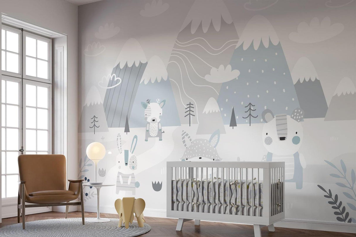 Mountain Mural Wallpaper | Scandinavian Winter Animals Scene