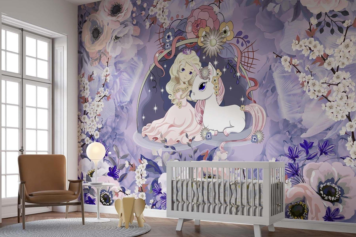 Princess Mural Wallpaper | Magical Unicorn With Cherry Blossoms