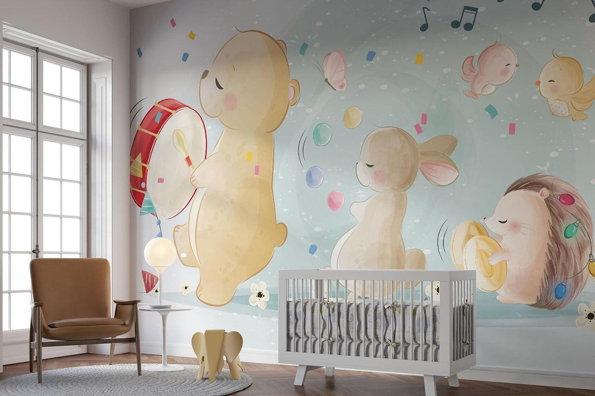 Musikalische Tiere Tapete | Verspielte Kinderzimmer-Band mit Bär und Hase