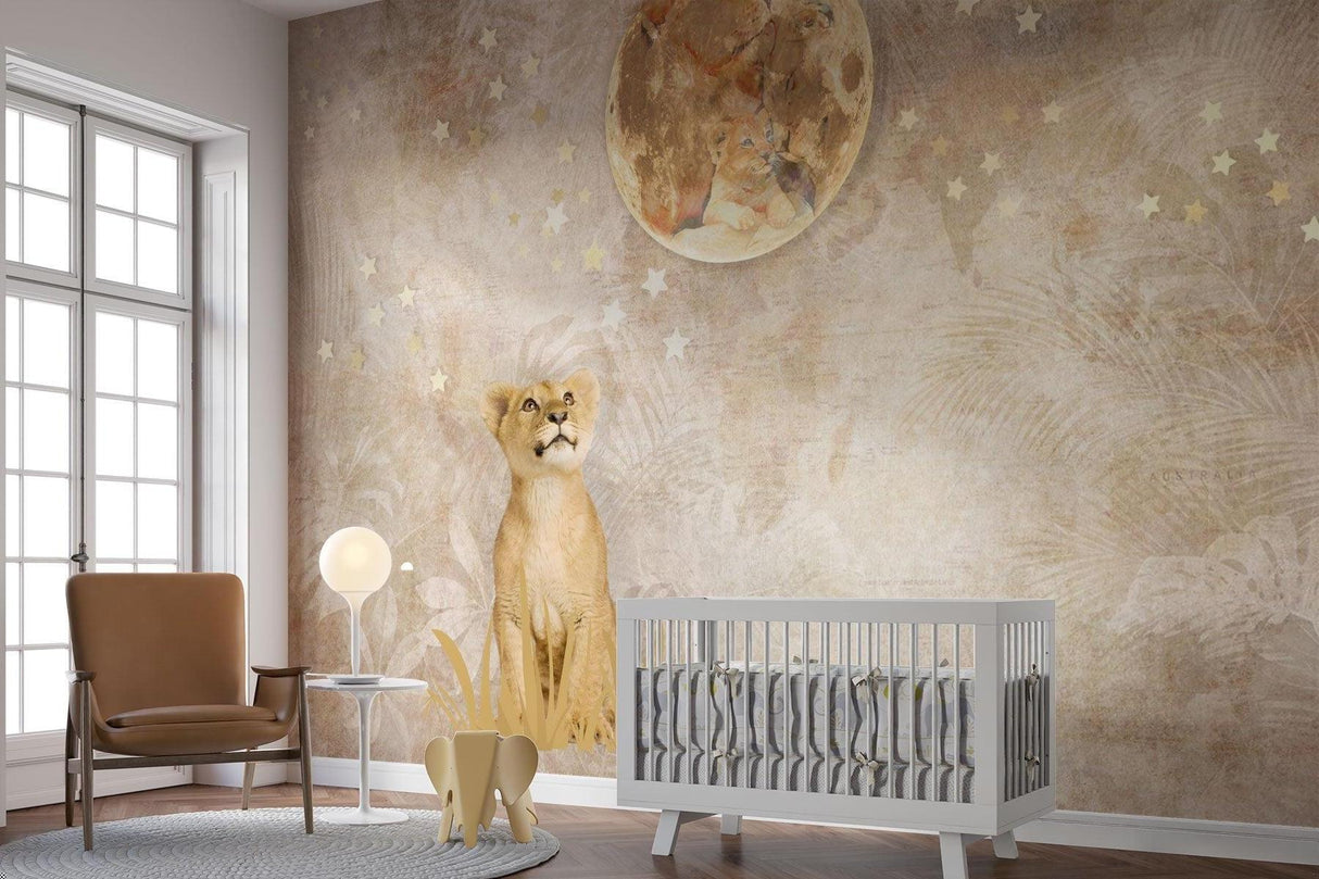 Safari Löwe Tapete | Traumhaftes Mond- und Sternendesign