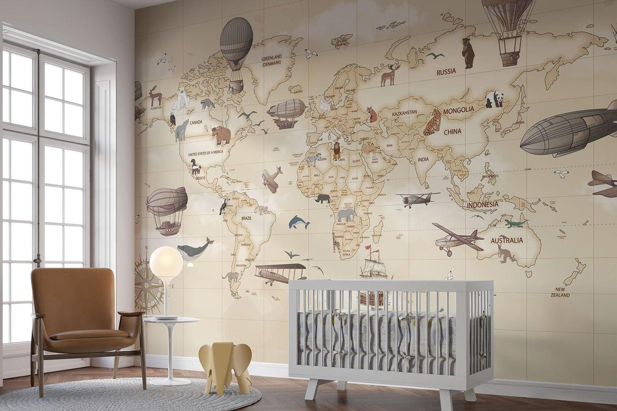 Papier Peint Mural Carte du Monde | Thème Aventure Vintage avec Montgolfières