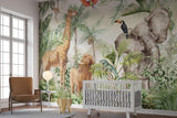 Papier Peint Mural Animaux de la Jungle | Faune Safari avec Feuillage Tropical