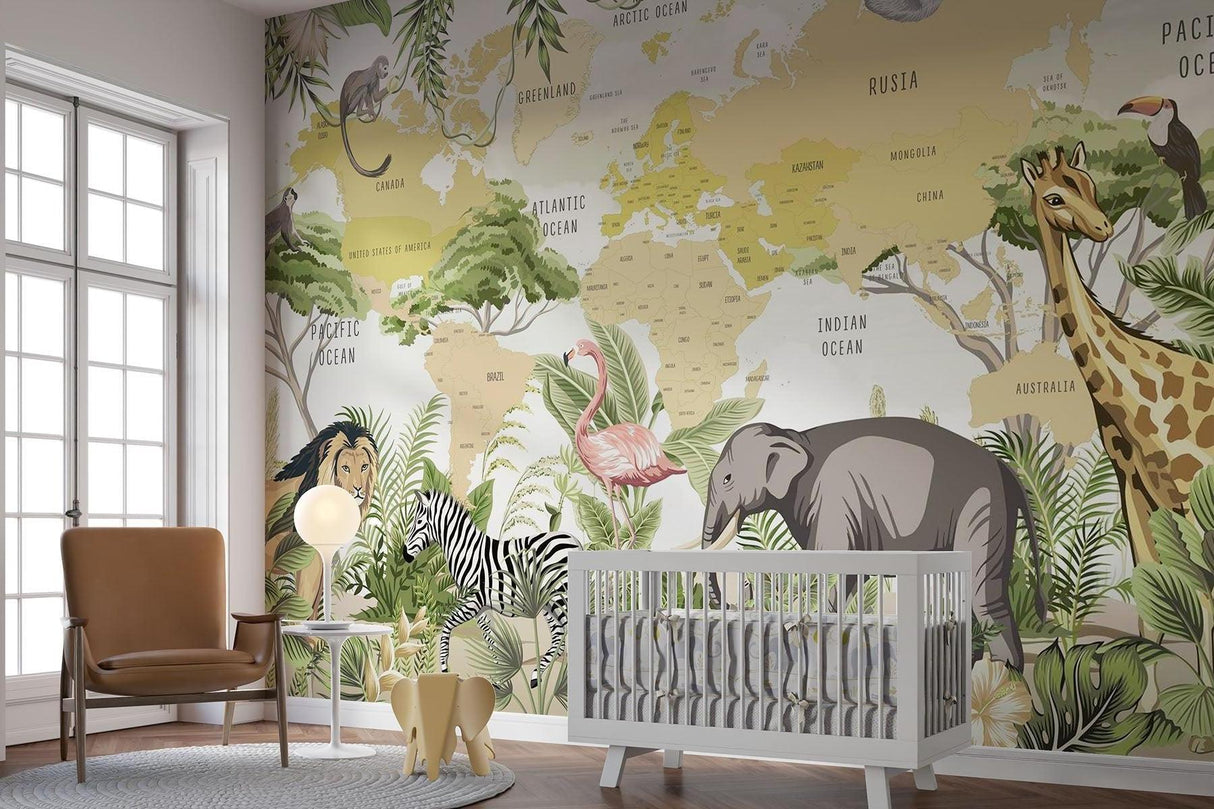 Safari Animals Mural Wallpaper | World Map with Jungle Wildlife