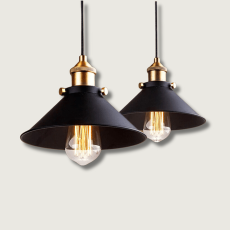 Industrial Pendant Light  Black Metal Shade With Brass Accents - Product showcase
