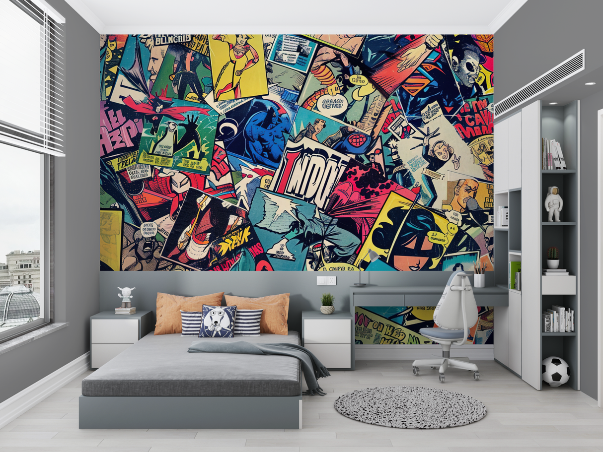 Comic Book Mural Wallpaper | Retro Superhero Collage Design