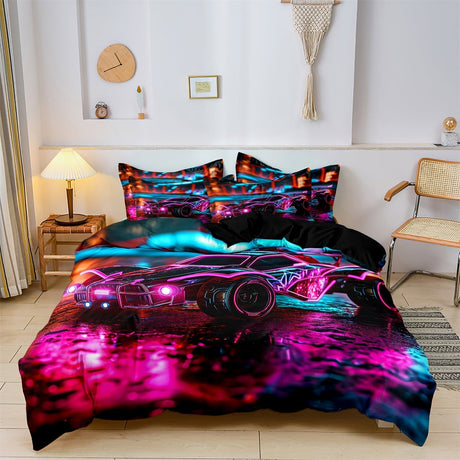 Neon Racing Duvet Cover Set  Cyberpunk Sports Car Design - Product showcase