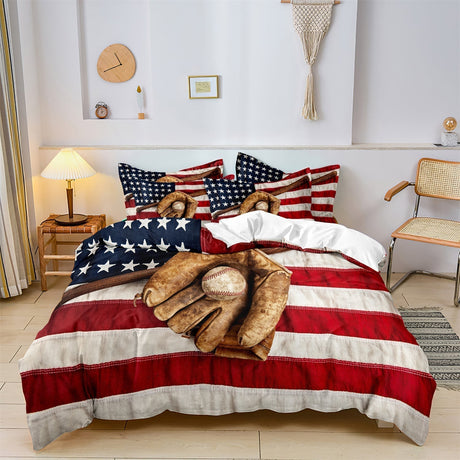 American Baseball Bedding Set  Vintage Glove Flag Design - Product showcase