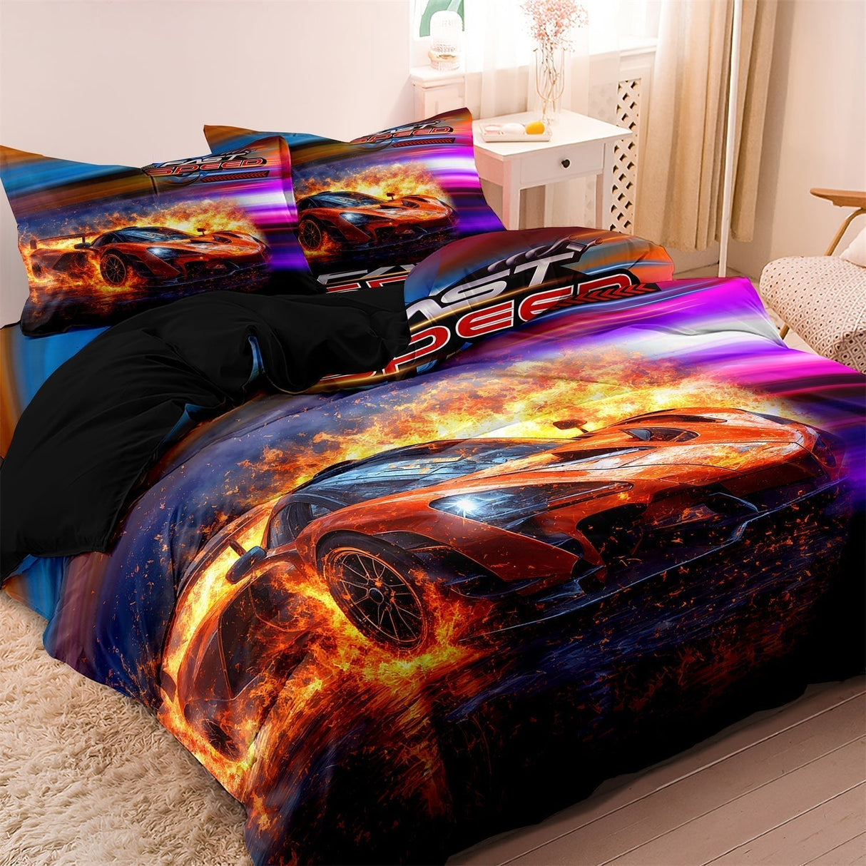 Sports Car Bedding Set  Vibrant Racing Design Print - Detailed view