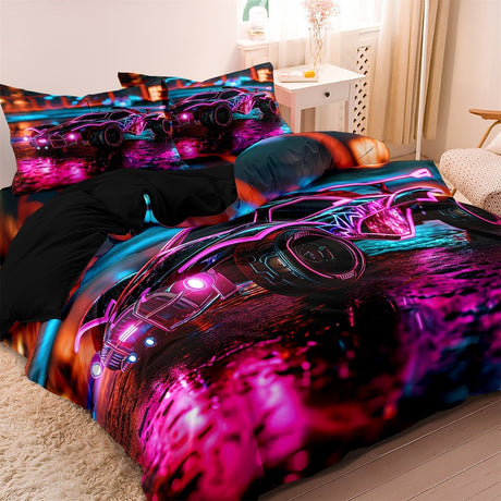 Neon Racing Duvet Cover Set  Cyberpunk Sports Car Design - Product detail 5