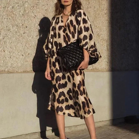 Leopard Print Midi Dress  V-Neck Lantern Sleeve Design - Product detail 6