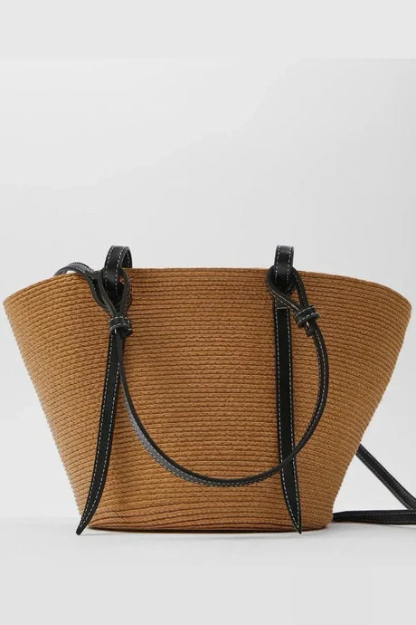 Woven Straw Tote Bag  Leather Trim Natural Finish - Product showcase