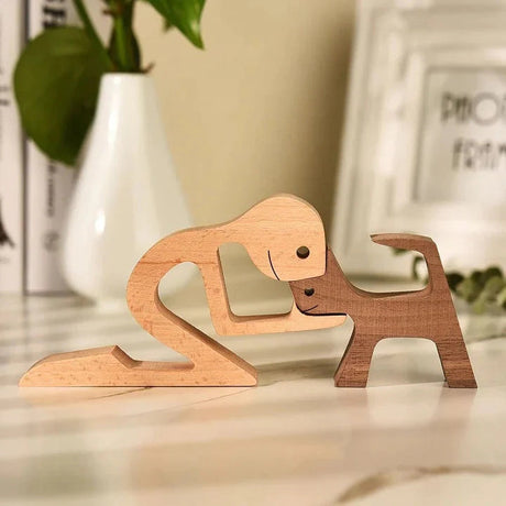 Handcrafted Wooden Animal Decor  Natural Wood Dog Figurine Set - Product example