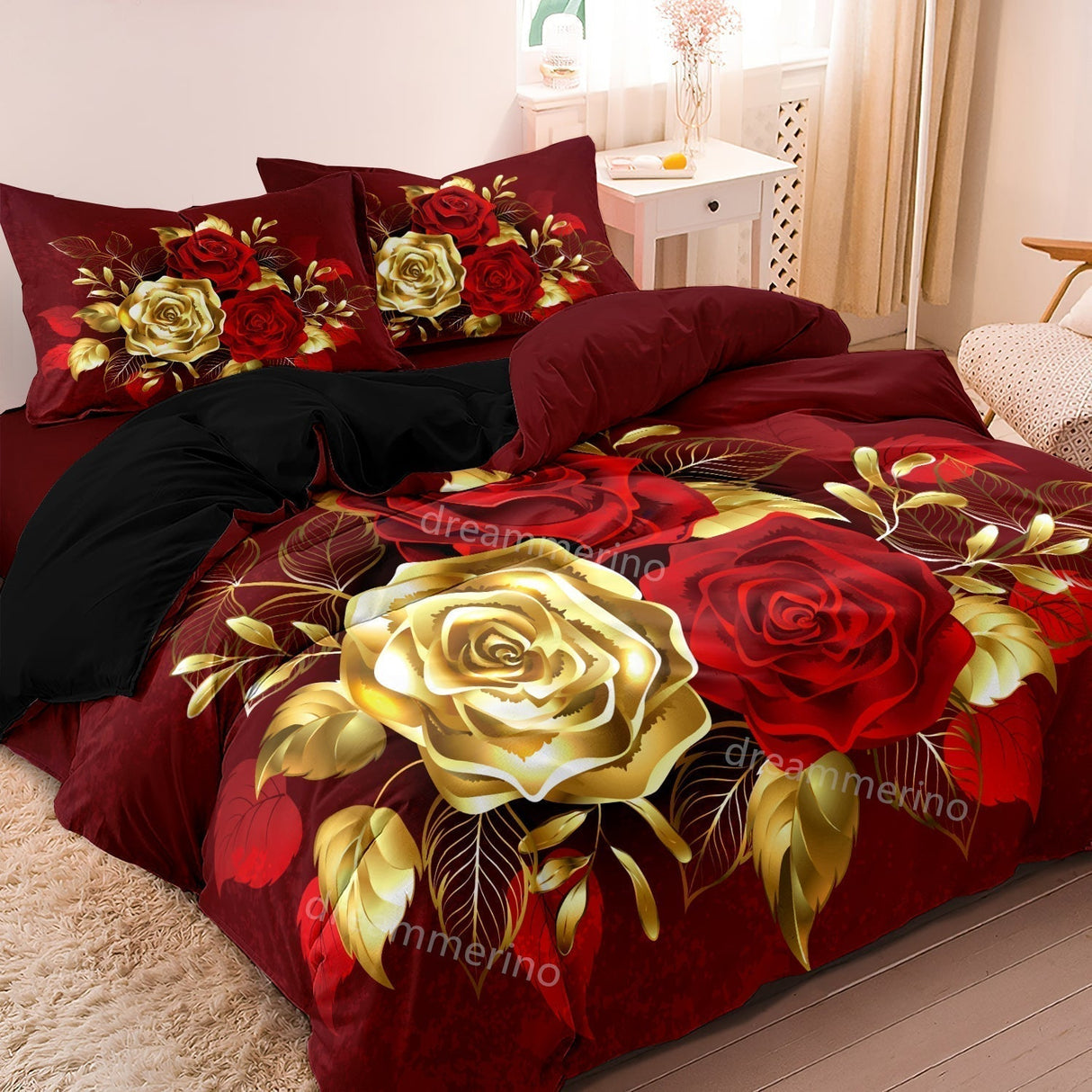 Romantic Floral Duvet Set  Red  Gold Rose Print - Product detail 5