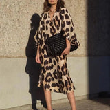 Leopard Print Midi Dress  V-Neck Lantern Sleeve Design - Product showcase