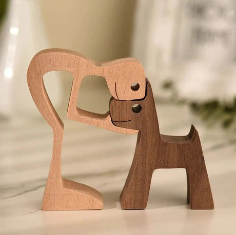 Handcrafted Wooden Animal Decor  Natural Wood Dog Figurine Set - Product showcase