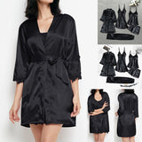 Luxury Silk Sleepwear Set  Lace Trim Kimono With Cami  Shorts - Product showcase