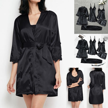 Luxury Silk Sleepwear Set  Lace Trim Kimono With Cami  Shorts - Product showcase