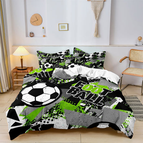 Football Duvet Cover Set  Soccer Pattern with Green Graffiti Design - Product showcase