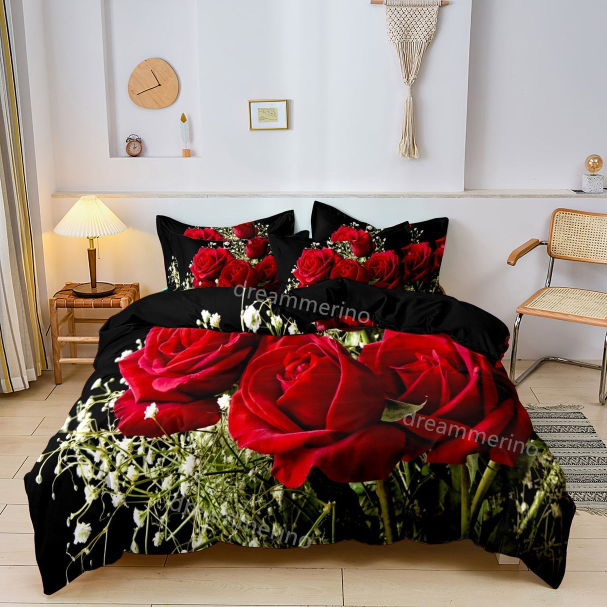 Floral Bedding Set  Red Roses Black Background Design - Product showcase