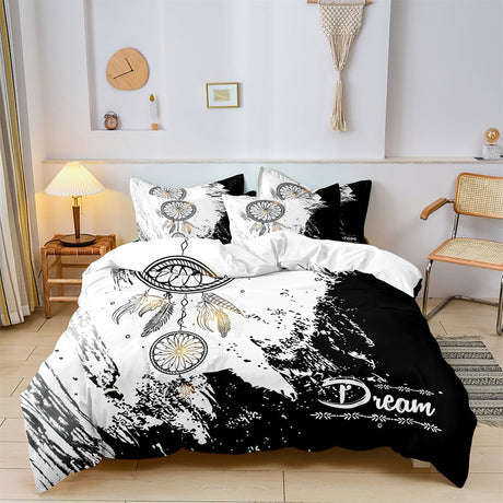 Bohemian Duvet Cover Set  Black White Dreamcatcher Design - Product showcase