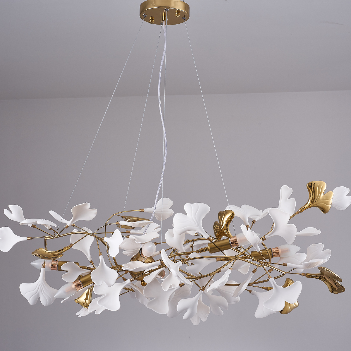 Ginkgo Leaf Chandelier  Brass and White Floral Design - Product detail 8