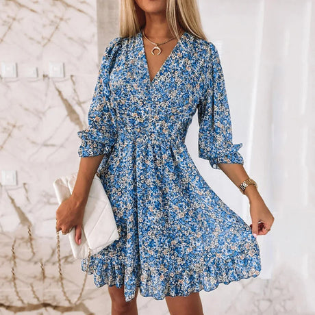 Floral Summer Mini Dress  Pink Boho V-Neck Design - Product detail 8