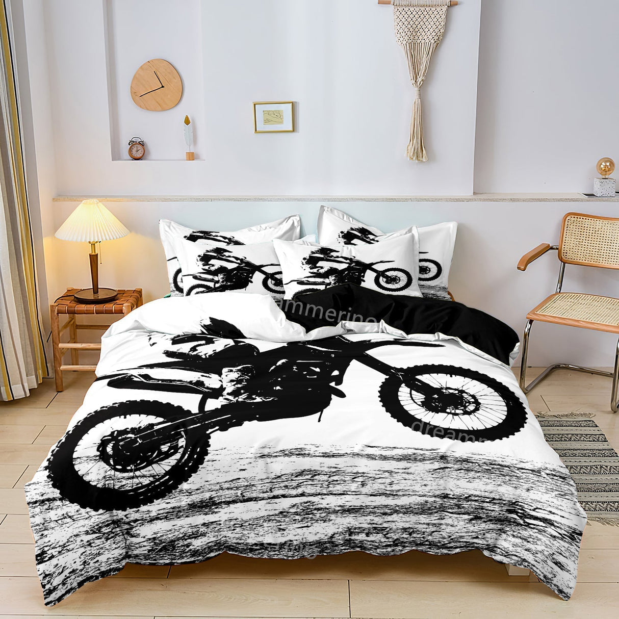 Motorcycle Duvet Cover Set  Black and White Motocross Design - Product showcase