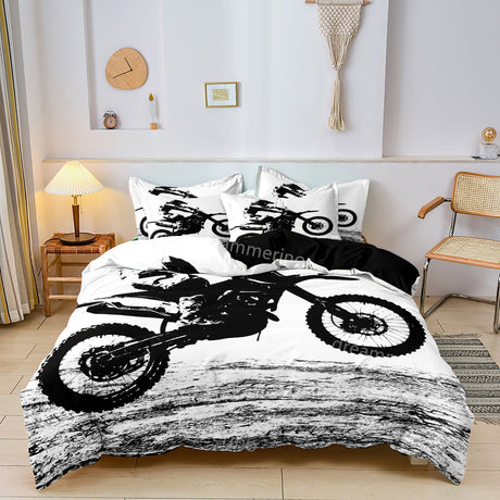 Motorcycle Duvet Cover Set  Black and White Motocross Design - Product showcase