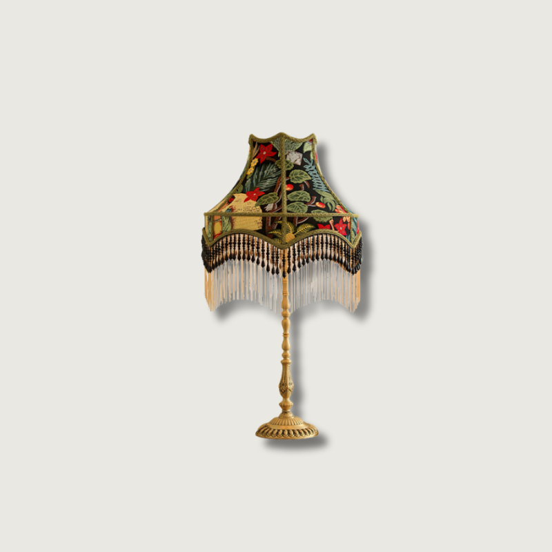 Vintage Table Lamp  Floral Fabric Shade With Beaded Fringe - Product showcase