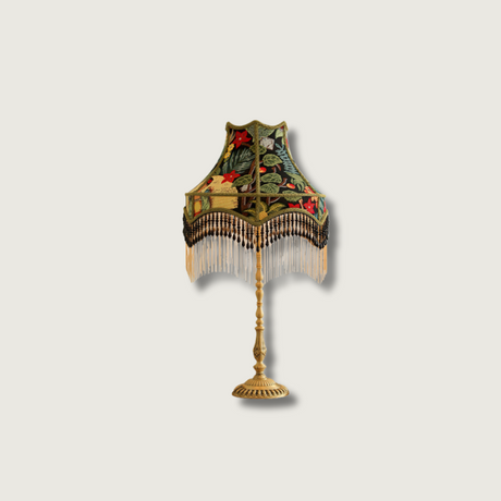 Vintage Table Lamp  Floral Fabric Shade With Beaded Fringe - Product showcase