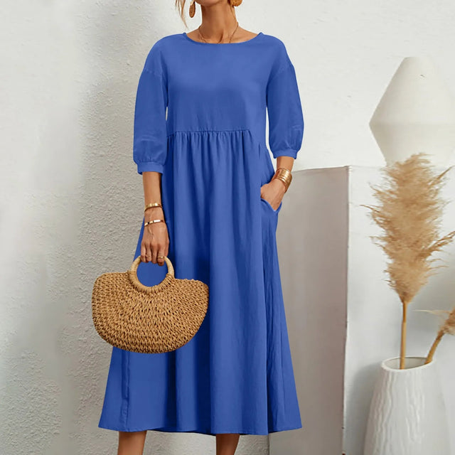 Cotton Midi Dress  Casual A-Line Silhouette With Pockets - Product showcase