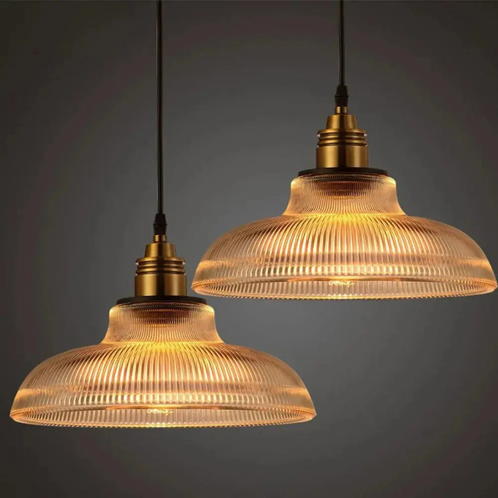 Vintage Glass Pendant Light  Ribbed Dome Shade - Detailed view