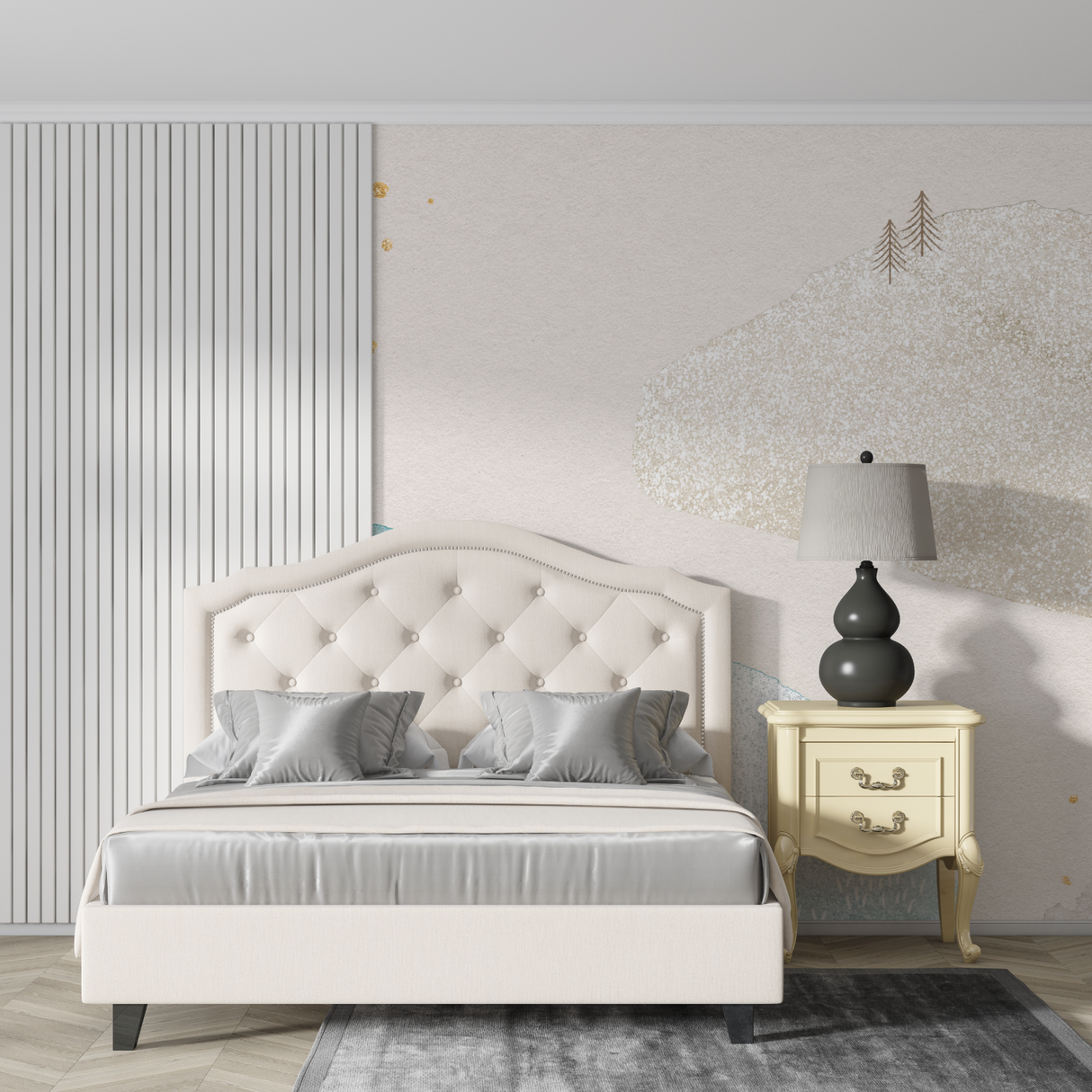 Mountain Mural Wallpaper | Nordic Watercolor with Gold Accents