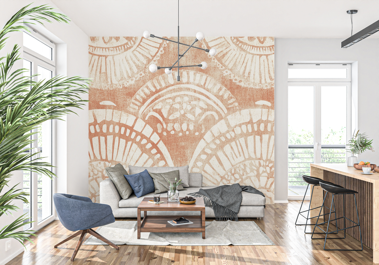 Art Deco Mural Wallpaper | Terracotta Geometric Fan Pattern